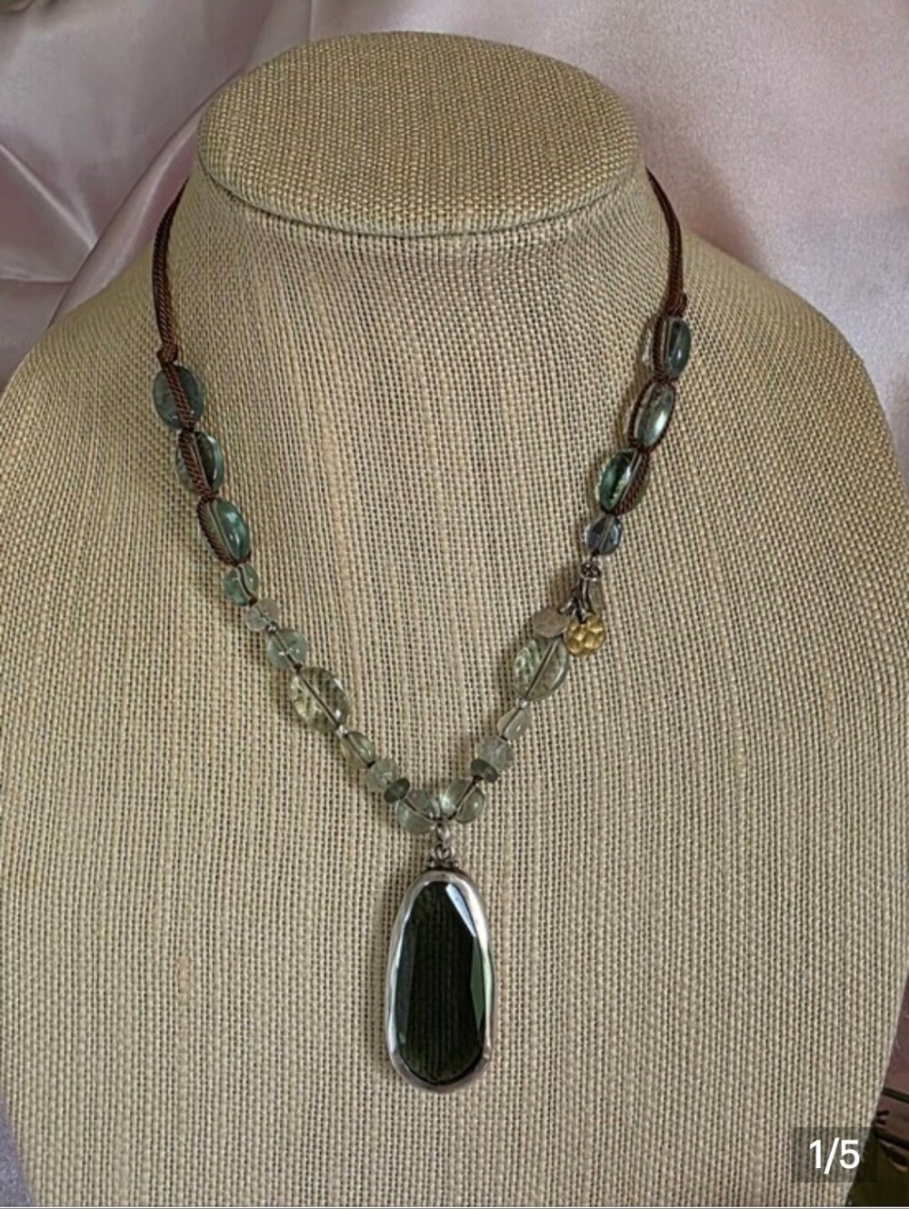 Silpada Sterling Silver Aqua Green Brown Cord Pendant Necklace